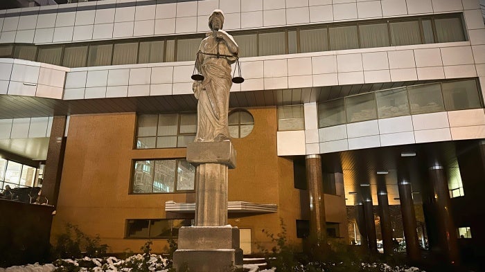 A statue of Themis, the Greek goddess of justice, near Kyiv's Court of Appeal.