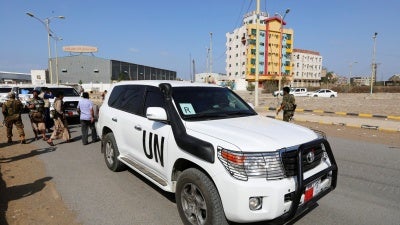 A convoy from the United Nations and World Food Program crosses from Houthi-controlled areas to a government-controlled area to reach grain mills in an eastern suburb of Hodeidah, Yemen, February 26, 2019. 