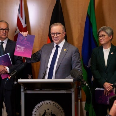 Australian Prime Minister Anthony Albanese stands alongside Foreign Minister Penny Wong (right) and Special Envoy to Southeast Asia Nicholas Moore in Jakarta, Indonesia to launch Australia’s Southeast Asia Economic Strategy, September 6, 2023.