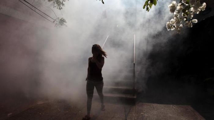 A woman walks away from her apartment as health workers fumigates the Altos del Cerro neighborhood as part of preventive measures against the Zika virus and other mosquito-borne diseases in Soyapango, El Salvador January 21, 2016.